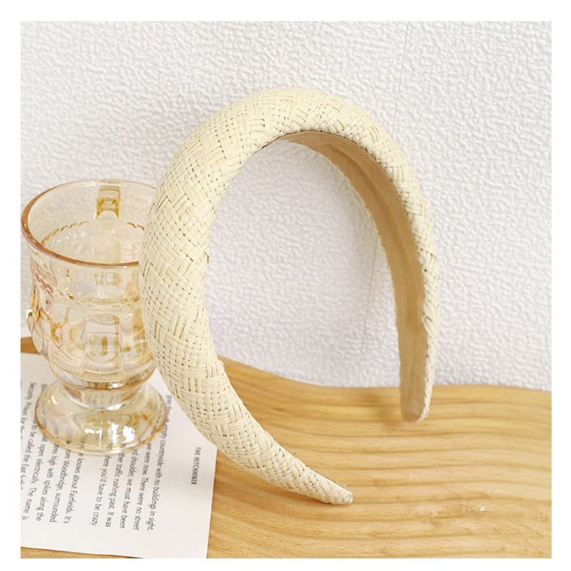 yaozeio Straw Padded Headband Hairband Puffy Thick Headbands for Women Raffia Rattan Woven Hair Band Head Bands No Slip Wide Summer Headbands for Girls Hair Accessories Headwear